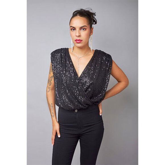 Black Sleeveless Shimmering Sequin Bodysuit - Picture 1 of 5
